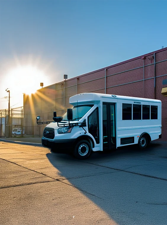White shuttle bus parked next to a prison near Davie